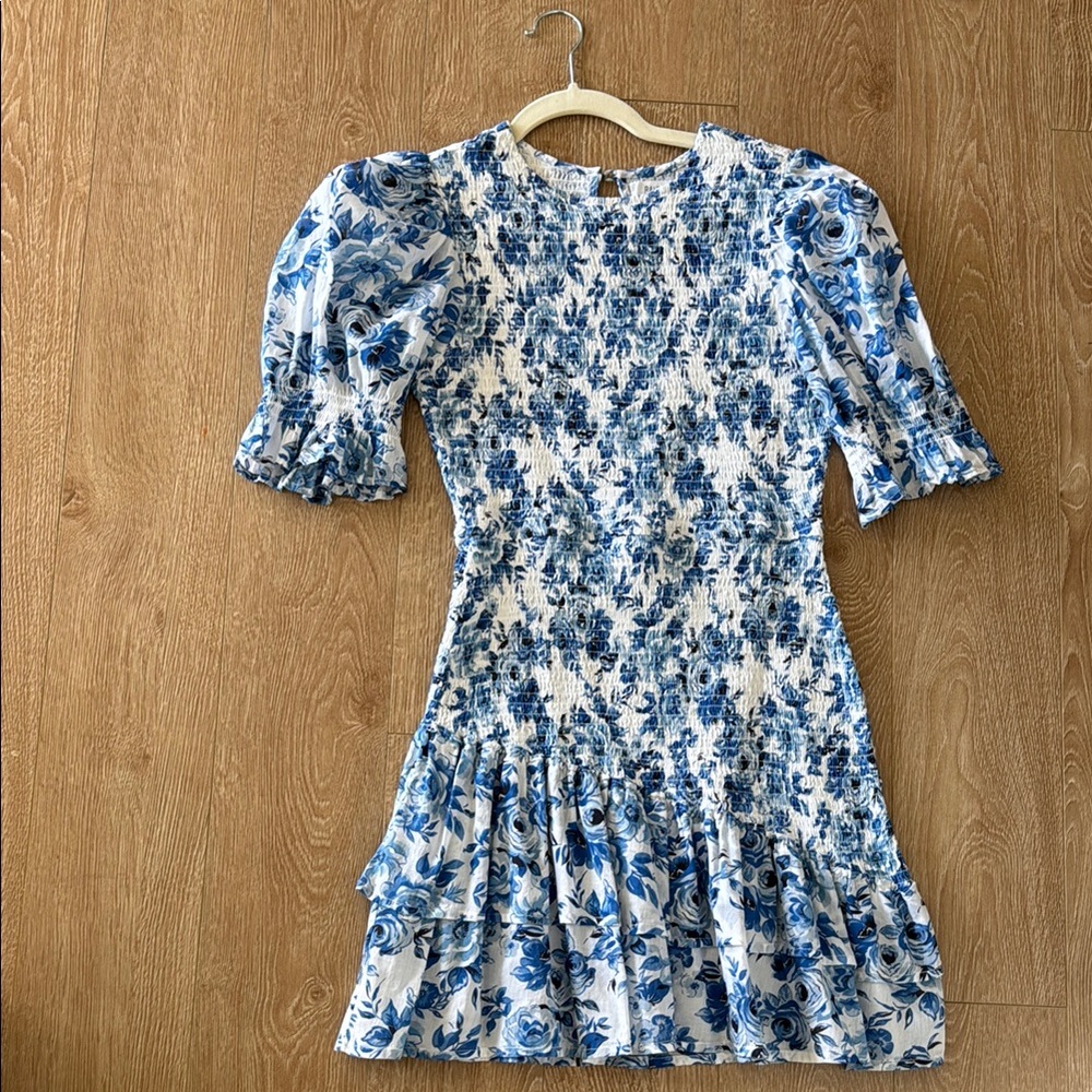RAHI Blue and White Mini Sundress with Puff Sleeves for Wedding Guest